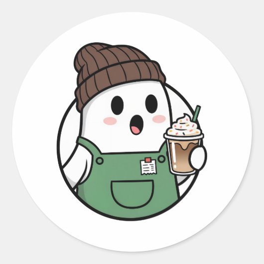 Cute Ghost Coffee Paper Cup – Funny Cartoon Dispos Ronde Sticker (Voorkant)