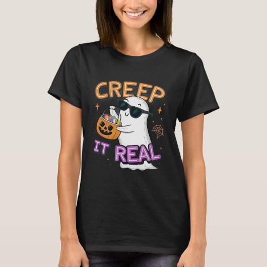 Cute Ghost “Creep It Real” – Funny Halloween Pun D T-shirt (Voorkant)