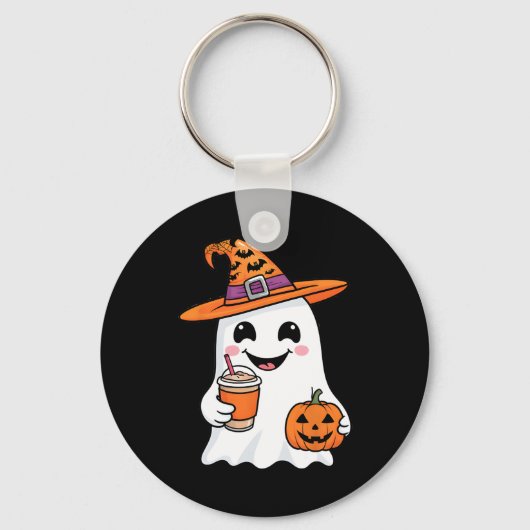 Cute Ghost Drinking Coffee Halloween Ghost Ice Cof Sleutelhanger (Voorkant)