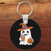 Cute Ghost Drinking Coffee Halloween Ghost Ice Cof Sleutelhanger (Voorkant)