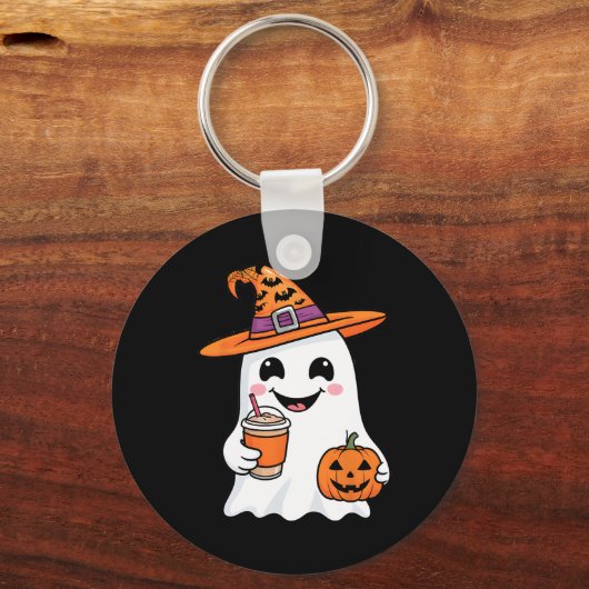Cute Ghost Drinking Coffee Halloween Ghost Ice Cof Sleutelhanger (Voorkant)
