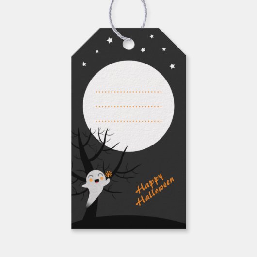 Cute Ghost en Full Moon Happy Halloween Cadeaulabel (Voorkant)