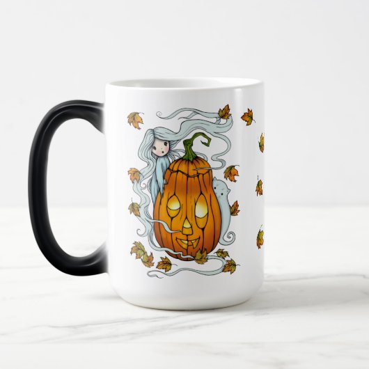 Cute Ghost en Jack-o-Lantern Falling Leaves Magische Mok (Links)