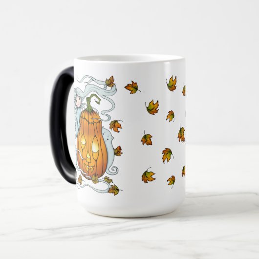 Cute Ghost en Jack-o-Lantern Falling Leaves Magische Mok (Voorkant links)