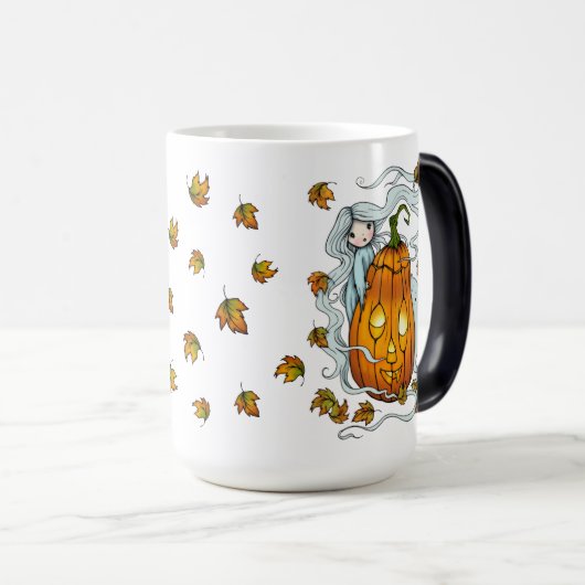 Cute Ghost en Jack-o-Lantern Falling Leaves Magische Mok (Voorkant rechts)