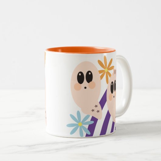 Cute Ghost Ghoul Retro Groovy Floral Tweekleurige Koffiemok (Voorkant rechts)
