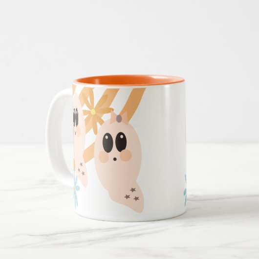 Cute Ghost Ghoul Retro Groovy Floral Tweekleurige Koffiemok (Voorkant links)