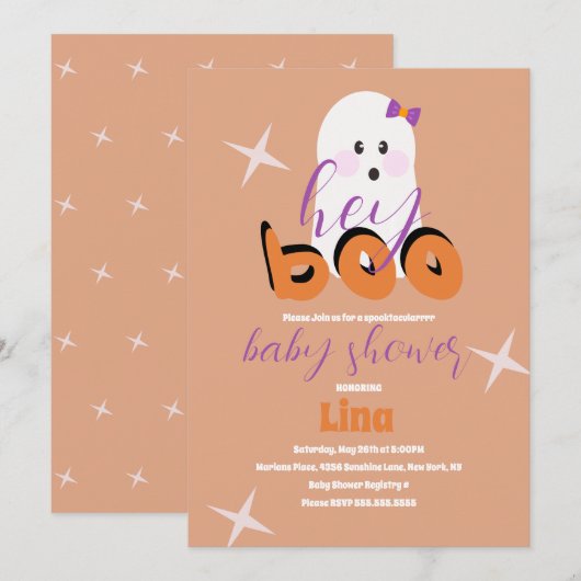 Cute Ghost Halloween Baby Shower Retro Script  Kaart (Voorkant / Achterkant)