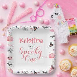 Cute Ghost Halloween Birthday Party Girl Pink Papieren Bordje