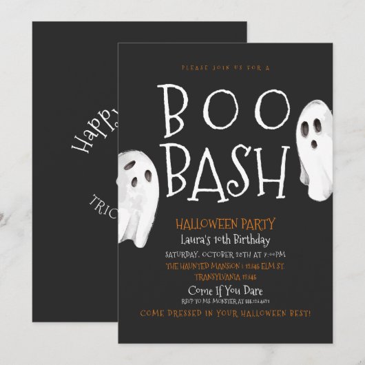 Cute Ghost Halloween Invitation Kaart (Voorkant / Achterkant)