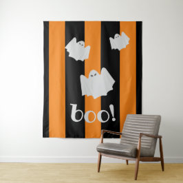 Cute Ghost Halloween Oranje Zwart Streep Achtergro Wandkleed