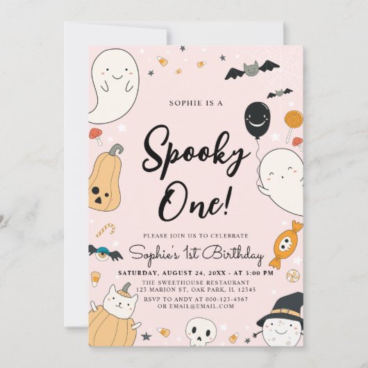 Cute Ghost Halloween Spooky One 1st Birthday Party Kaart (Voorkant)