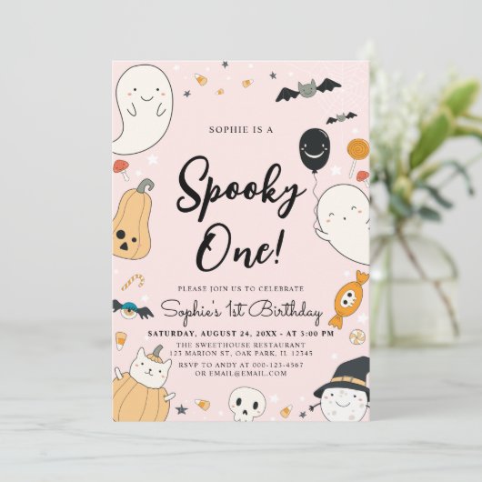 Cute Ghost Halloween Spooky One 1st Birthday Party Kaart (Staand voorkant)