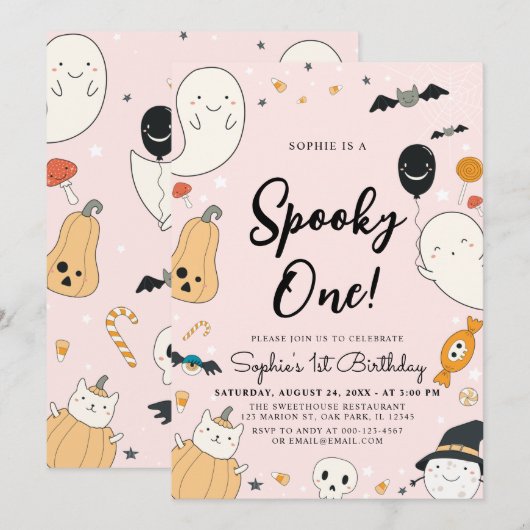 Cute Ghost Halloween Spooky One 1st Birthday Party Kaart (Voorkant / Achterkant)