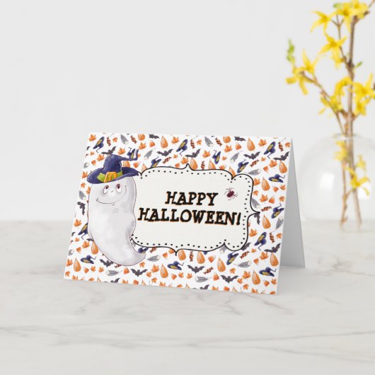 Cute Ghost Happy Halloween Kaart (Gele Bloem)