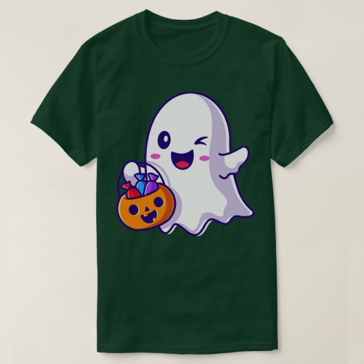 Cute Ghost Holding Snoep Basket Pumpkin Cartoon T-shirt (Design voorkant)