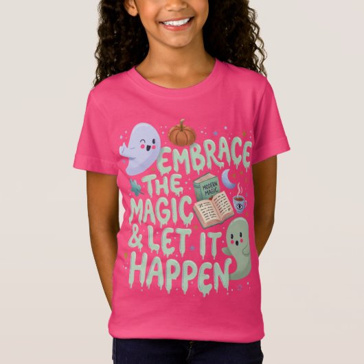 Cute Ghost & Magic Book Halloween Meisjes T-shirt (Voorkant)