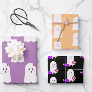 Cute Ghost Paars Oranje Halloween Ghoul Inpakpapier Vel