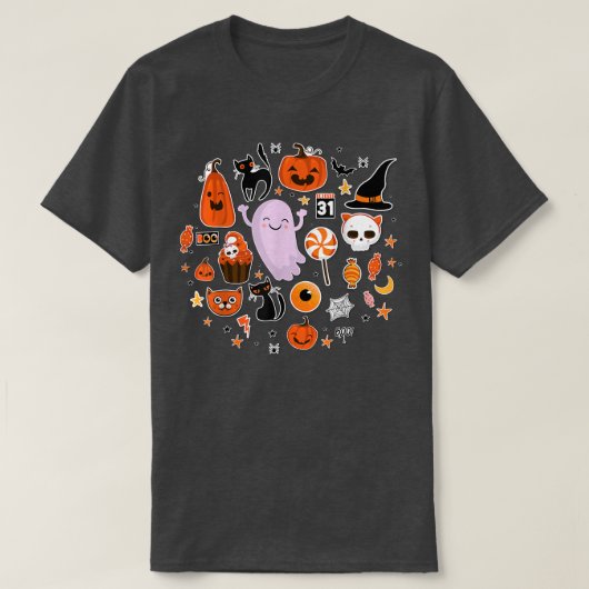 Cute Ghost Pumpkin Black Cat Witch Pet Snoep Funny T-shirt (Design voorkant)
