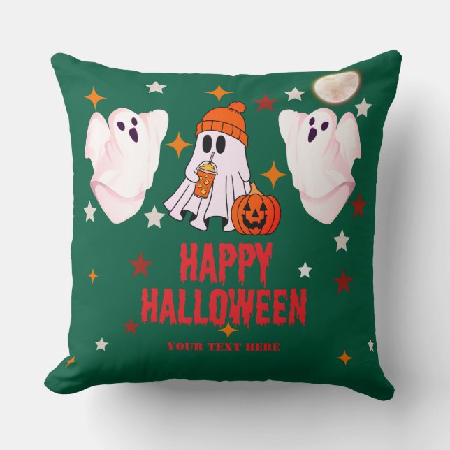 Cute Ghost & Pumpkin Custom Text Happy Halloween Kussen (Voorkant)