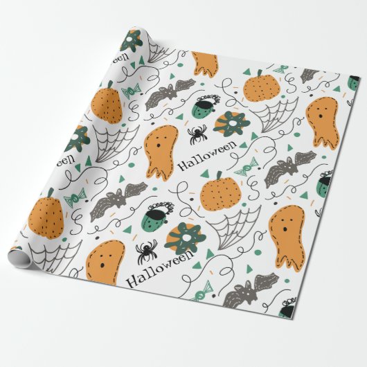 Cute Ghost Pumpkin Halloween Doodles Illustrations Cadeaupapier (Uitgerold)