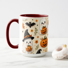 Cute Ghost & Pumpkin Halloween Patroon Mok