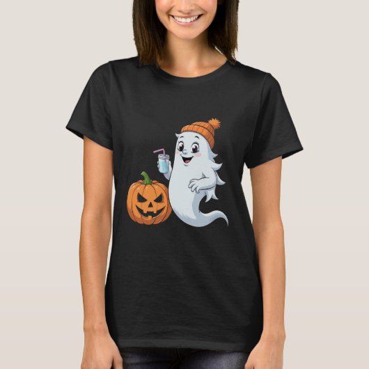 Cute Ghost & Pumpkin Halloween T-Shirt (Voorkant)