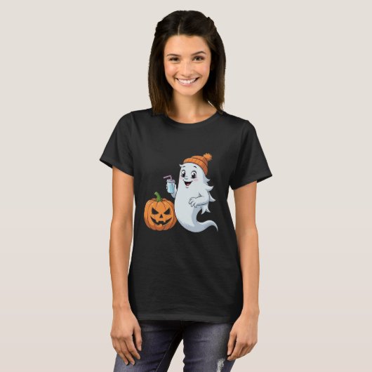 Cute Ghost & Pumpkin Halloween T-Shirt (Voorkant volledig)