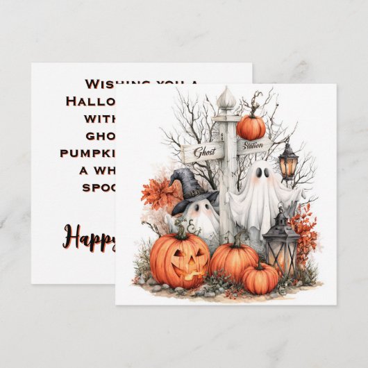 Cute Ghost & Pumpkin Patch Halloween Wenskaart (Voorkant / Achterkant)