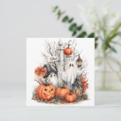 Cute Ghost & Pumpkin Patch Halloween Wenskaart (Staand voorkant)