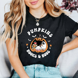 Cute Ghost Reading “Pumpkins Books & Boos” Retro  T-shirt