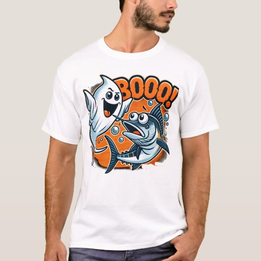 Cute Ghost Scaring Fish Funny Halloween T-shirt (Voorkant)