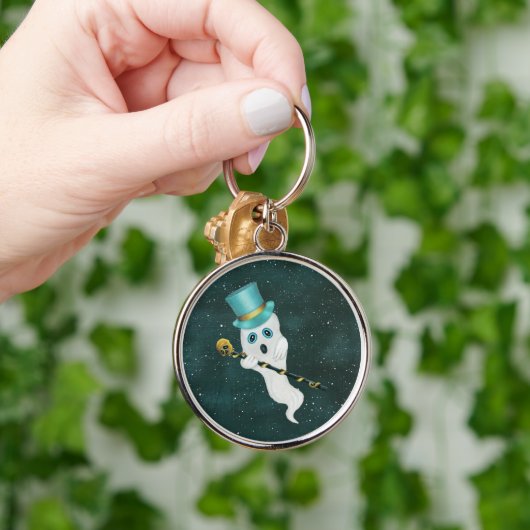 Cute Ghost Silly Face Wearing Top Hat Skull Cane Sleutelhanger (Hand)