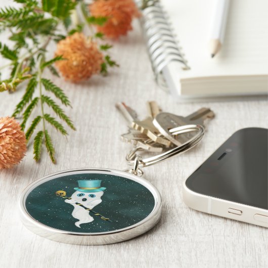 Cute Ghost Silly Face Wearing Top Hat Skull Cane Sleutelhanger (Zijkant)