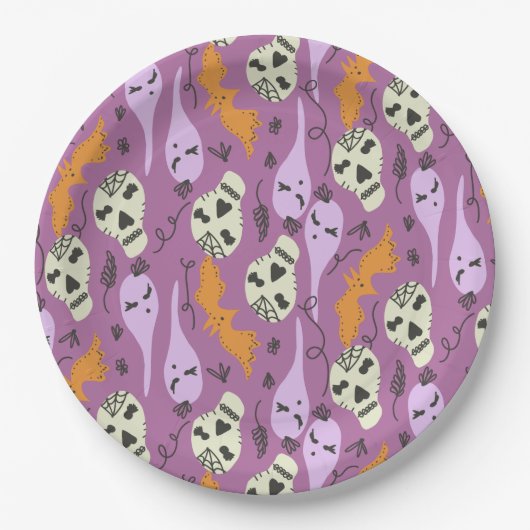 Cute Ghost Skull Bat Halloween Doodles Paars Papieren Bordje (Voorkant)