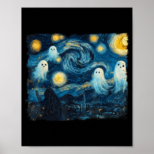 Cute Ghost Starry Night Halloween Soky Retro Van G Poster (Voorkant)