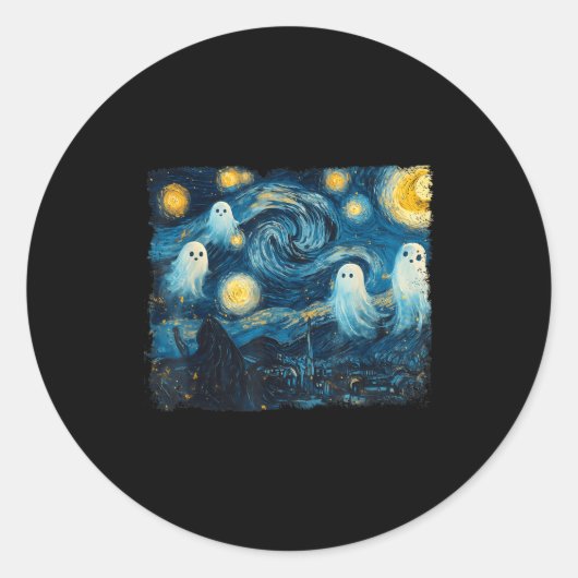 Cute Ghost Starry Night Halloween Soky Retro Van G Ronde Sticker (Voorkant)
