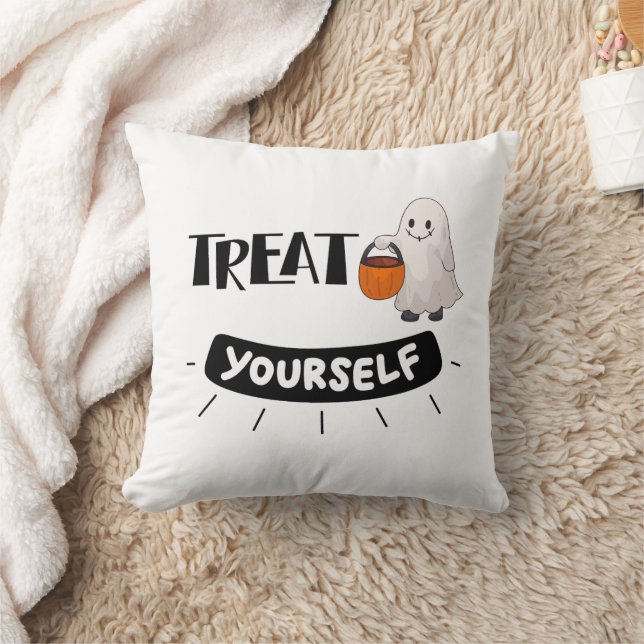 Cute Ghost “Treat Yourself” Pillow Halloween Theme Kussen (Deken)