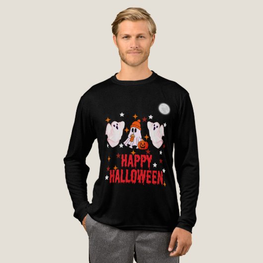 Cute Ghost Trio Happy Halloween Long Sleeve Tri-Blend Shirt (Voorkant)