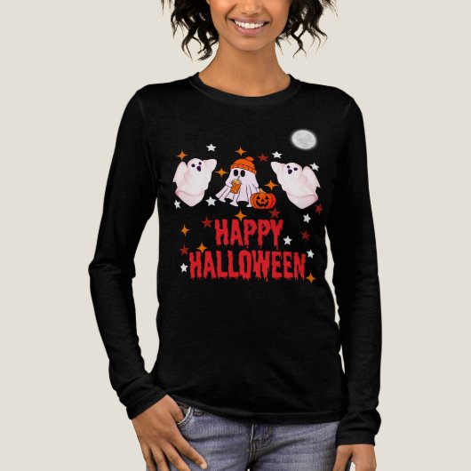 Cute Ghost Trio Happy Halloween Long Sleeve Tri-Blend Shirt (Voorkant)