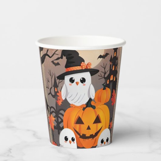 Cute Ghost Uilen & Pompoenen Griezige Halloween Fe Papieren Bekers (Achterkant)