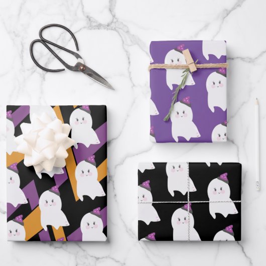 Cute Ghost Witch Pet Halloween Theme Inpakpapier Vel (Voorkant)
