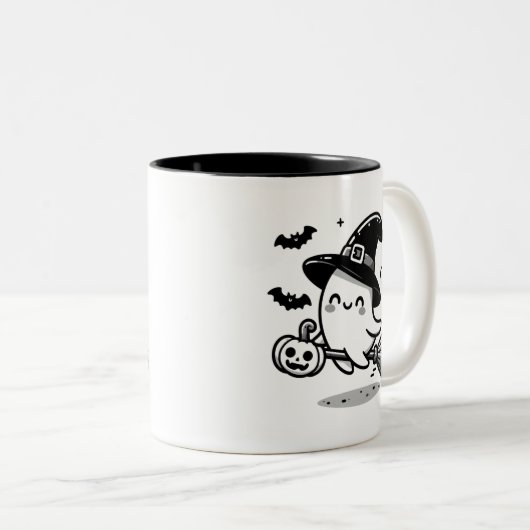 Cute Ghost Witch with Pumpkin & Broom | Two-Sided  Tweekleurige Koffiemok (Voorkant rechts)