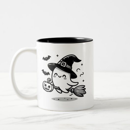 Cute Ghost Witch with Pumpkin & Broom | Two-Sided Tweekleurige Koffiemok (Links)