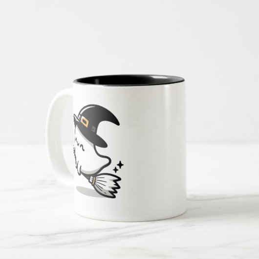 Cute Ghost Witch with Pumpkin & Broom | Two-Sided  Tweekleurige Koffiemok (Voorkant links)