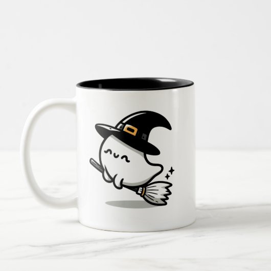 Cute Ghost Witch with Pumpkin & Broom | Two-Sided  Tweekleurige Koffiemok (Links)