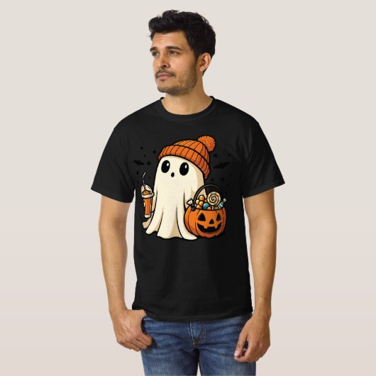 Cute Ghost with Candy & Pumpkin Drink T-shirt (Voorkant volledig)