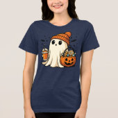 Cute Ghost with Candy & Pumpkin Drink Tri-Blend Shirt (Voorkant)