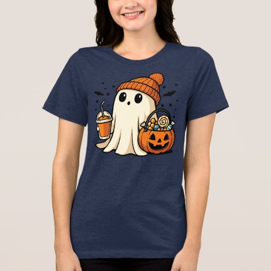 Cute Ghost with Candy & Pumpkin Drink Tri-Blend Shirt (Voorkant)