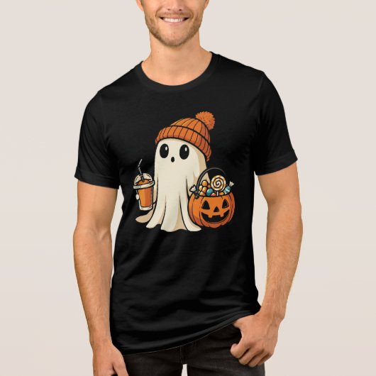 Cute Ghost with Candy & Pumpkin Drink Tri-Blend Shirt (Voorkant)
